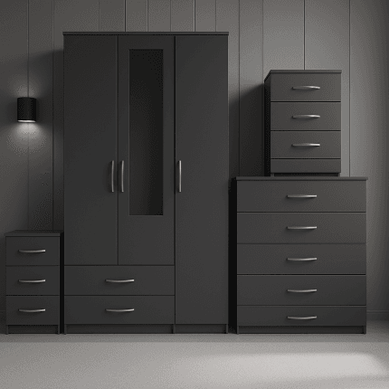 3 Door Wardrobe Set Grey 1 Mirror ( Assembled )