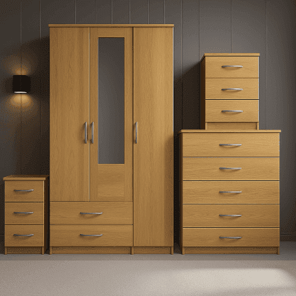 3 Door Wardrobe Set Oak 1 Mirror ( Assembled )