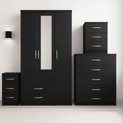 3 Door Wardrobe Set Black 1 Mirror ( Assembled )