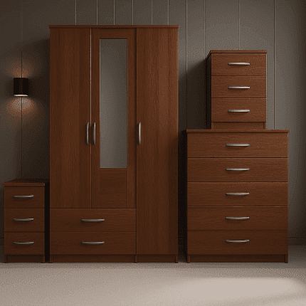 3 Door Wardrobe Set Walnut 1 Mirror ( Assembled )