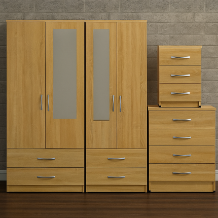 2-HALF MIRROR WITH 4-BOTTOM DRAWERS(4 DOOR) Oak
