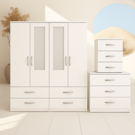 2-HALF MIRROR WITH 4-BOTTOM DRAWERS(4 DOOR) White