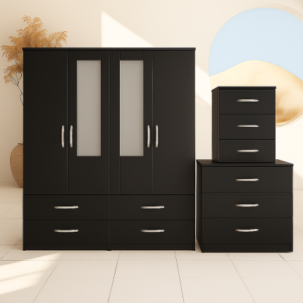 2-HALF MIRROR WITH 4-BOTTOM DRAWERS(4 DOOR) Black