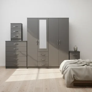 1-HALF MIRROR 4 DOOR WARDROBE SET (Assembled)