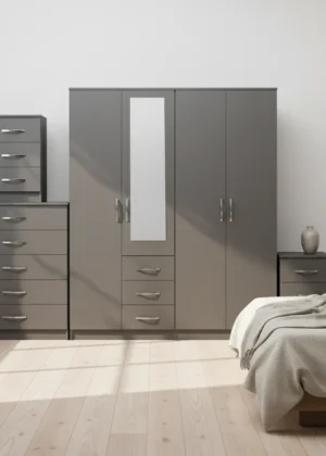 1-HALF MIRROR 4 DOOR WARDROBE SET (Assembled)