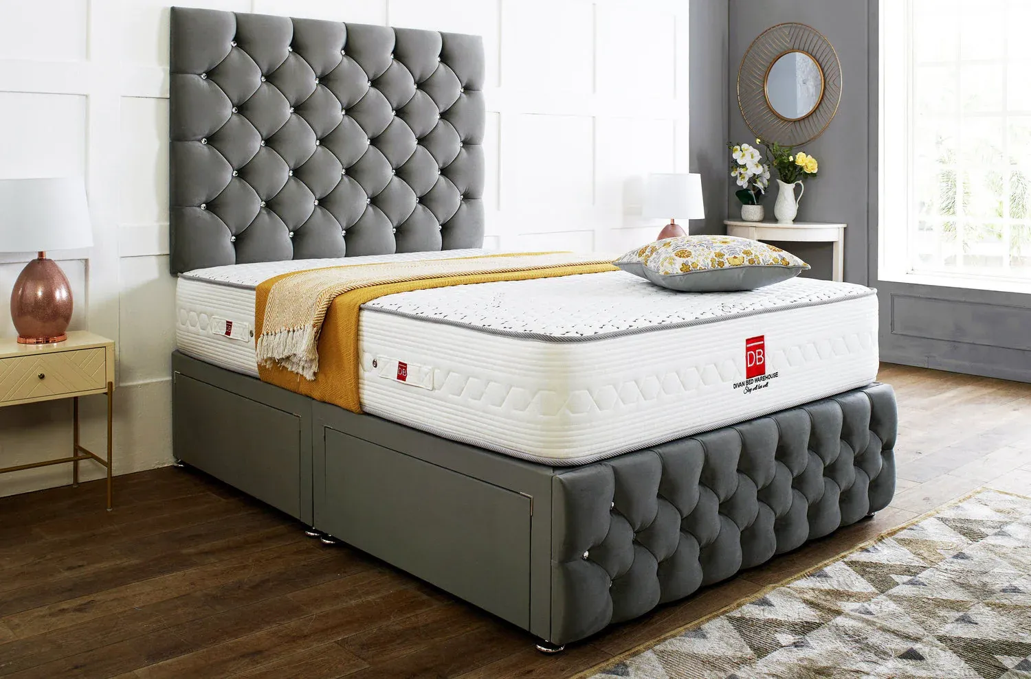 Regency Divan Bed Set with Tall Button Headboard and Footboard